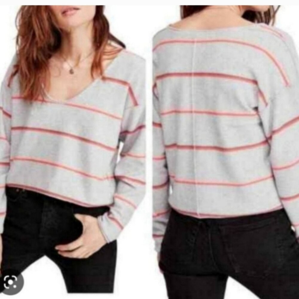 Free People Striped Deep V-Neck Cropped Pullover Sweater Small Boho